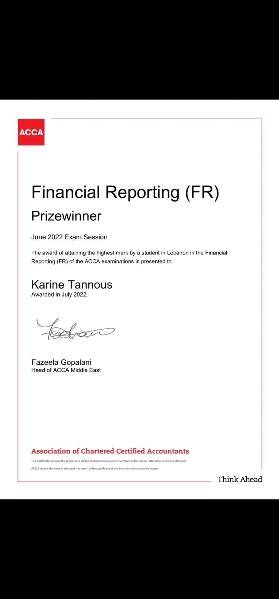 Karine Tannous — Financial Reporting (FR) — Prizewinner