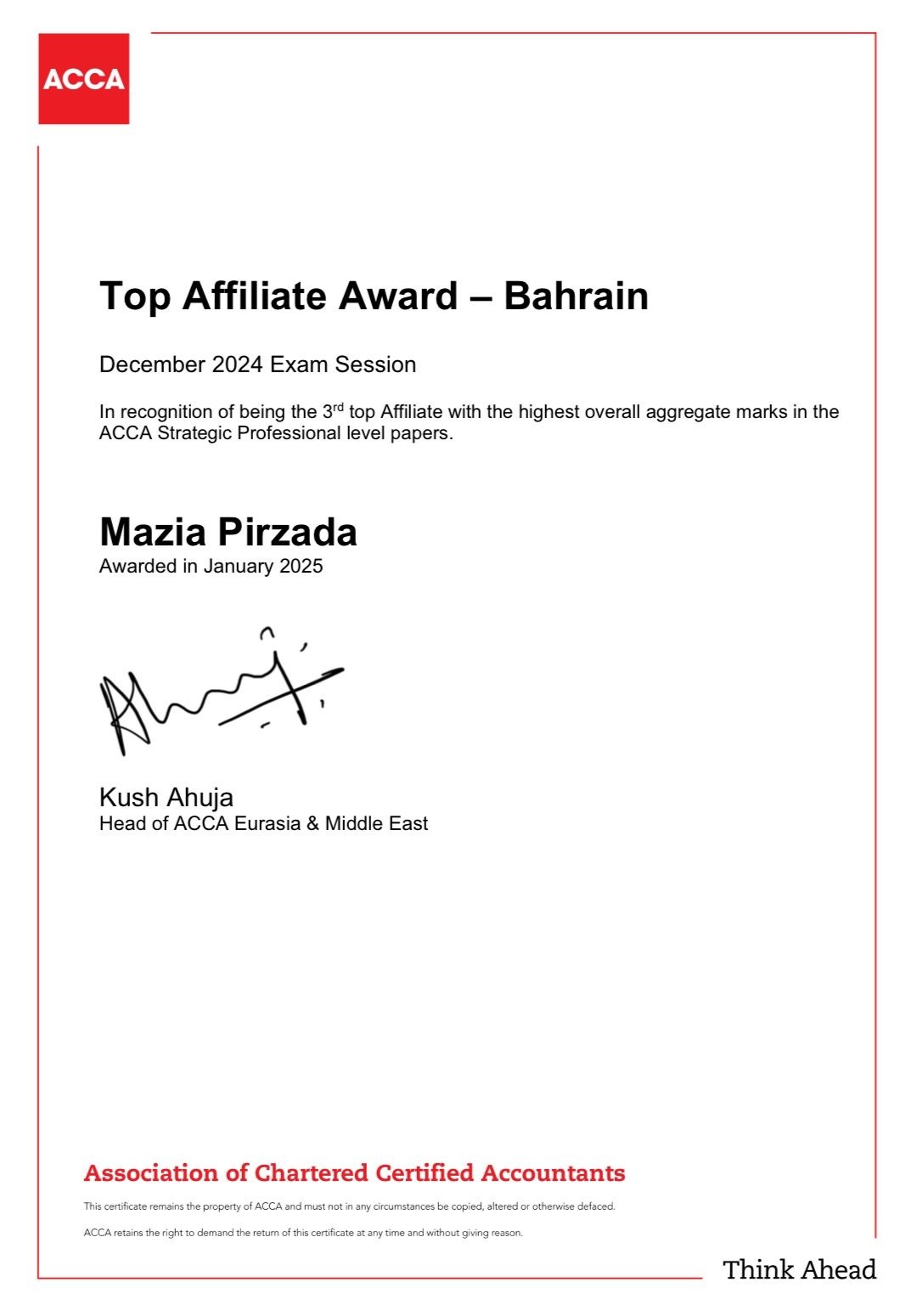Mazia Pirzada — Top Affiliate Award — Bahrain
