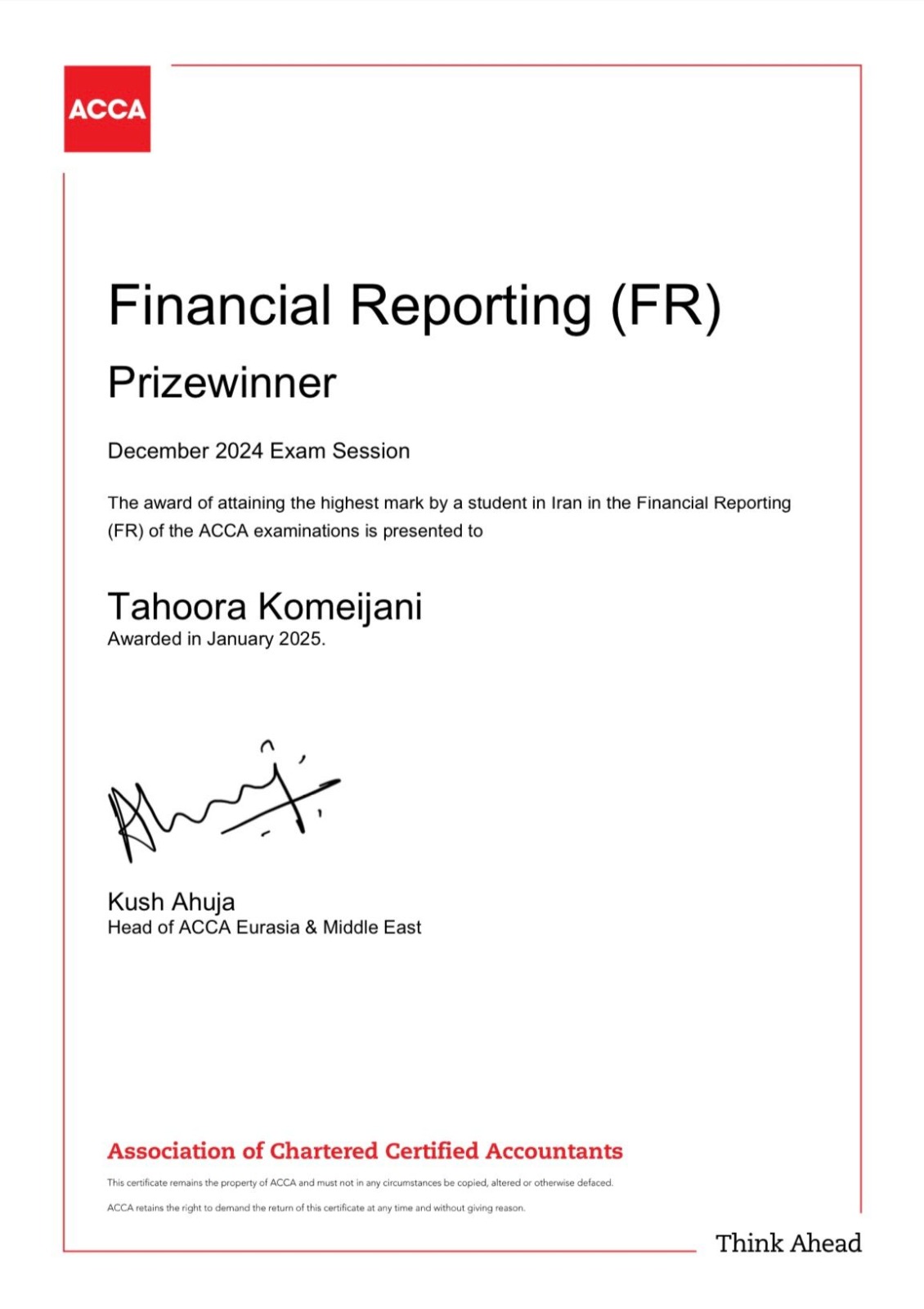 Tahoora Komeijani — Financial Reporting (FR) — Prizewinner