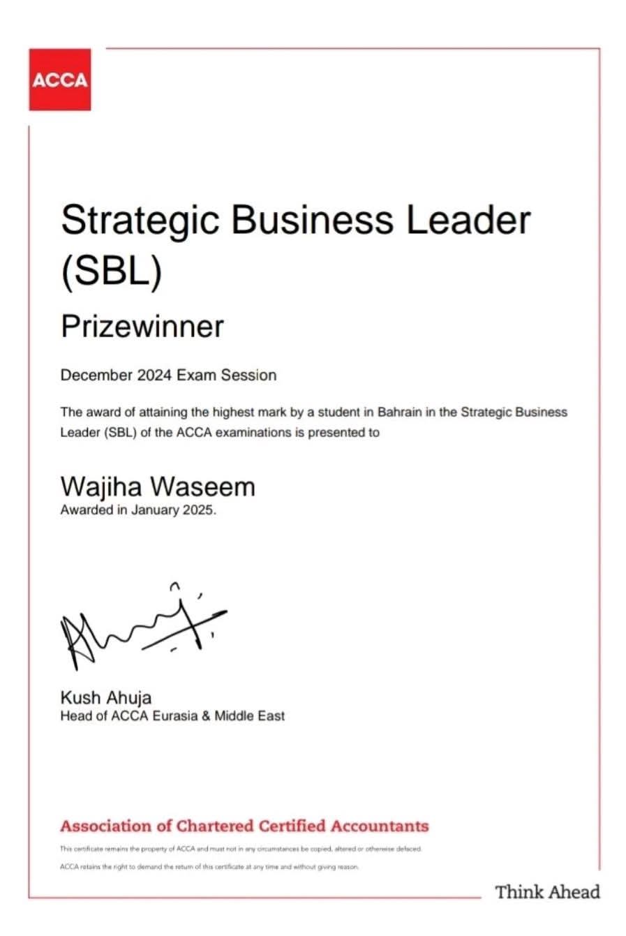 Wajiha Waseem — Strategic Business Leader (SBL) — Prizewinner